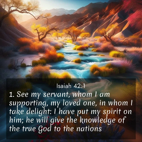 BasicEnglish Isaiah  ; image nature: image with the bible verse :See my servant, whom I am supporting, my loved one, in whom I take delight: I have put my spirit on him; he will give the knowledge of the true God to the nations. ; Browse our selection of stunning Bible verse images featuring unique natural scenes like fiery autumn forests, serene meadows, and starlit skies. Download and share verses like KJV Isaiah 42:1 for free. Current verse is overlayed with the thematic nature scene : Spring floods transform desert arroyos into rushing streams. ; 42:1