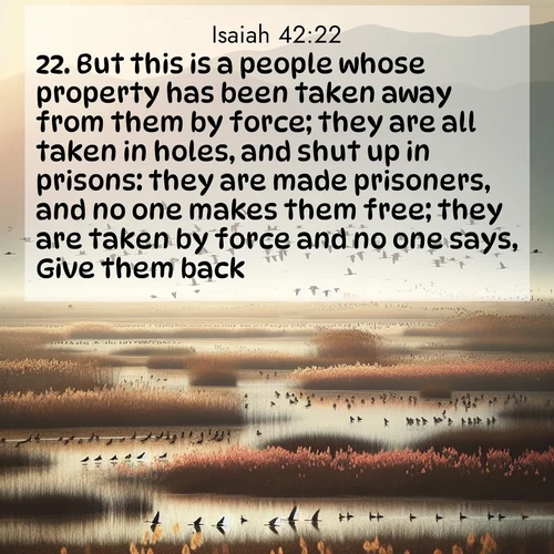 BasicEnglish Isaiah  ; image nature: image with the bible verse :But this is a people whose property has been taken away from them by force; they are all taken in holes, and shut up in prisons: they are made prisoners, and no one makes them free; they are taken by force and no one says, Give them back. ; Explore a gallery of beautiful Bible verse images with tranquil natural settings—perfect for phone backgrounds or inspirational posts. Download your favorite verses like KJV Isaiah 42:22 today. Current verse is overlayed with the thematic nature scene : Spring migration fills marshlands with calling birds. ; 42:22