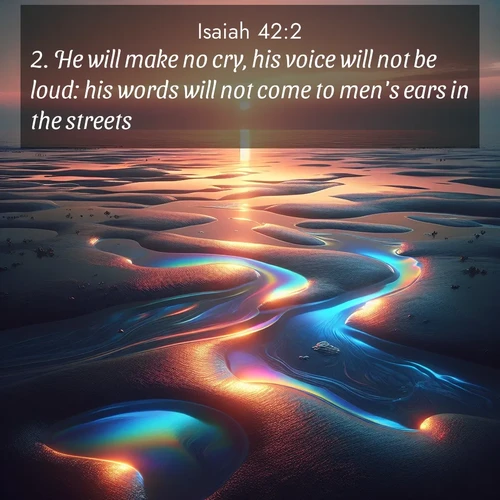 BasicEnglish Isaiah  ; image nature: image with the bible verse :He will make no cry, his voice will not be loud: his words will not come to men&#039;s ears in the streets. ; Admire stunning Bible verse images paired with photos of peaceful landscapes, such as foggy mornings, serene rivers, and blooming gardens. Download these free images and share verses like KJV Isaiah 42:2. Current verse is overlayed with the thematic nature scene : Tidal pools reflect sunset colors at low tide. ; 42:2