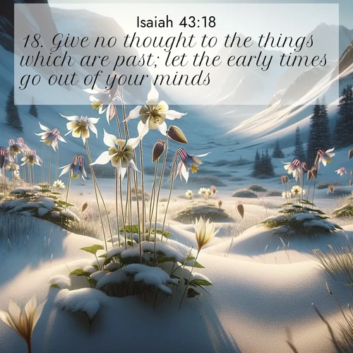 BasicEnglish Isaiah  ; image nature: image with the bible verse :Give no thought to the things which are past; let the early times go out of your minds. ; Explore a spring collection of Bible images, with landscapes of green hills, wildflowers, and crystal-clear streams. These images symbolize the blossoming of God&#039;s creation. Download verses like KJV Isaiah 43:18. Current verse is overlayed with the thematic nature scene : Wild columbines nod in alpine breeze. Glacier lilies dot snowy meadows. ; 43:18