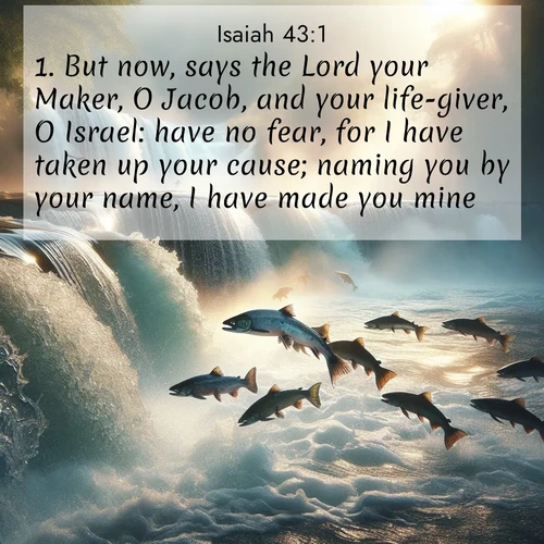 BasicEnglish Isaiah  ; image nature: image with the bible verse :But now, says the Lord your Maker, O Jacob, and your life-giver, O Israel: have no fear, for I have taken up your cause; naming you by your name, I have made you mine. ; Download Bible verse images featuring vibrant photos of nature, from snowy landscapes to golden deserts. These free images are perfect for phone wallpapers, desktop backgrounds, or sharing. Verses include KJV Isaiah 43:1. Current verse is overlayed with the thematic nature scene : Wild salmon leap ancient waterfalls. Mist rises like spirits in morning light. ; 43:1