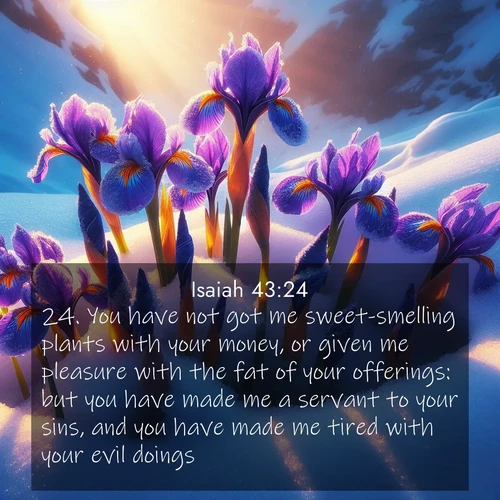 BasicEnglish Isaiah  ; image nature: image with the bible verse :You have not got me sweet-smelling plants with your money, or given me pleasure with the fat of your offerings: but you have made me a servant to your sins, and you have made me tired with your evil doings. ; Admire Bible verse images featuring tranquil rivers, golden fields, and starry heavens. These free-to-download images make inspiring wallpapers or thoughtful gifts. Download KJV Isaiah 43:24 now. Current verse is overlayed with the thematic nature scene : Wild iris blooms pierce through melting snow. Alpine sunlight ignites their petals. ; 43:24