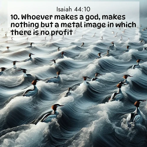 BBE Isaiah 44:10 overlaying nature image scene: Wild mergansers ride river rapids. Their wakes create endless patterns.;10. Whoever makes a god, makes nothing but a metal image in which there is no profit.