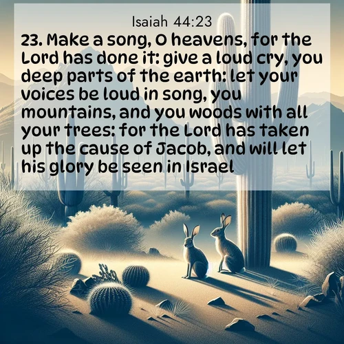 BBE Isaiah 44:23 overlaying nature image scene: Desert jackrabbits pause in saguaro shade. Heat waves distort distant peaks.;23. Make a song, O heavens, for the Lord has done it: give a loud cry, you deep parts of the earth: let your voices be loud in song, you mountains, and you woods with all your trees: for the Lord has taken up the cause of Jacob, and will let his glory be seen in Israel.