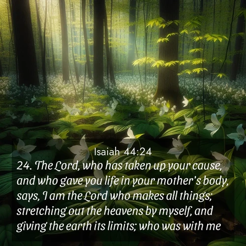 BBE Isaiah 44:24 overlaying nature image scene: Wild trillium carpets the forest floor. Sunlight filters green through new spring leaves.;24. The Lord, who has taken up your cause, and who gave you life in your mother's body, says, I am the Lord who makes all things; stretching out the heavens by myself, and giving the earth its limits; who was with me?