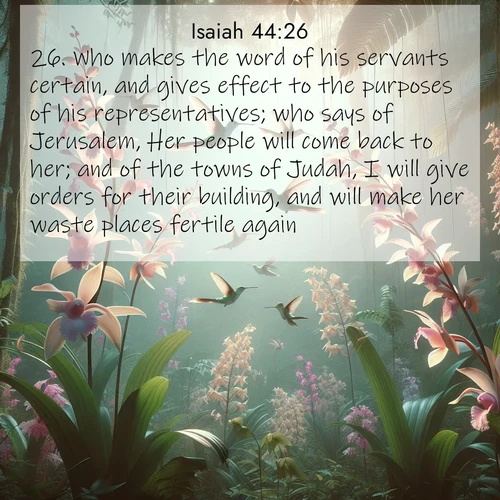 BBE Isaiah 44:26 overlaying nature image scene: Wild orchids bloom in rainforest canopy. Hummingbirds dance between delicate petals.;26. Who makes the word of his servants certain, and gives effect to the purposes of his representatives; who says of Jerusalem, Her people will come back to her; and of the towns of Judah, I will give orders for their building, and will make her waste places fertile again: