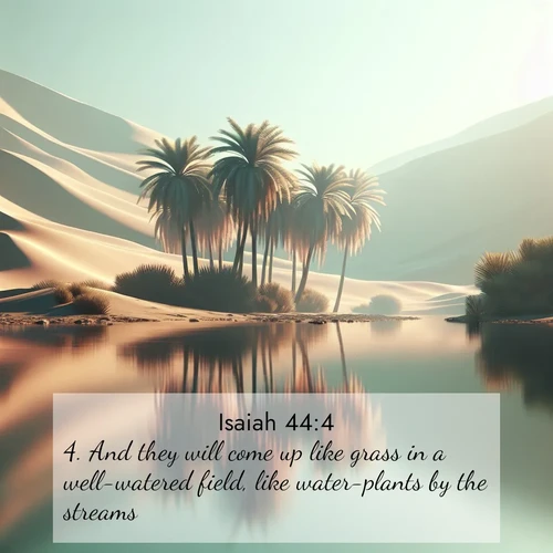 BBE Isaiah 44:4 overlaying nature image scene: A desert oasis shimmers in the midday heat, palm fronds rustling above still waters.;4. And they will come up like grass in a well-watered field, like water-plants by the streams.