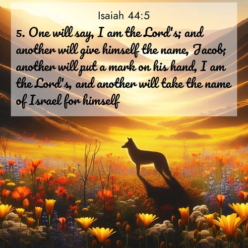 BBE Isaiah 44:5 overlaying nature image scene: Spring wildflowers carpet Death Valley in gold. A coyote's silhouette melts into the blooms.;5. One will say, I am the Lord's; and another will give himself the name, Jacob; another will put a mark on his hand, I am the Lord's, and another will take the name of Israel for himself.