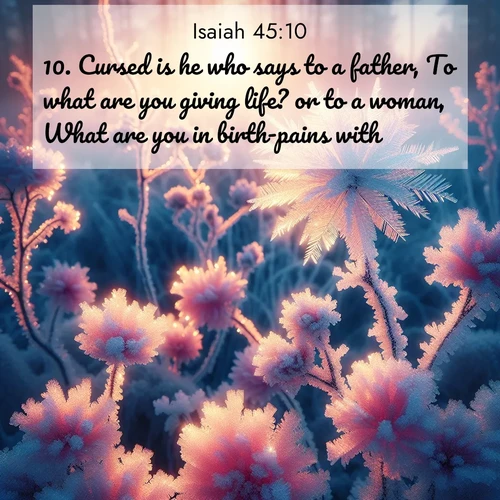 BasicEnglish Isaiah  ; image nature: image with the bible verse :Cursed is he who says to a father, To what are you giving life? or to a woman, What are you in birth-pains with? ; Explore free Bible verse images with stunning nature themes, including sunlit paths, forest clearings, and endless horizons. Perfect for desktop backgrounds or phone wallpapers. Verses include KJV Isaiah 45:10. Current verse is overlayed with the thematic nature scene : Morning light reveals frost flowers. Rainbow crystals bloom on bare branches. ; 45:10