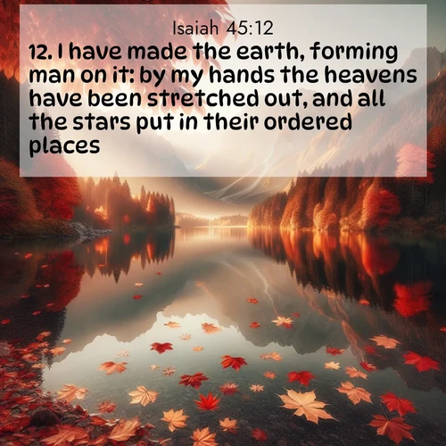 BasicEnglish Isaiah  ; image nature: image with the bible verse :I have made the earth, forming man on it: by my hands the heavens have been stretched out, and all the stars put in their ordered places. ; Browse Bible images illustrated by desert landscapes, with endless skies, golden dunes, and isolated palm trees. These images evoke the calm and grandeur of God&#039;s creation. Download inspiring verses like KJV Isaiah 45:12. Current verse is overlayed with the thematic nature scene : Autumn leaves scatter across mirror-like mountain lakes. ; 45:12