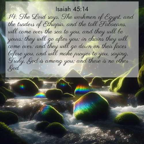 BasicEnglish Isaiah  ; image nature: image with the bible verse :The Lord says, The workmen of Egypt, and the traders of Ethiopia, and the tall Sabaeans, will come over the sea to you, and they will be yours; they will go after you; in chains they will come over: and they will go down on their faces before you, and will make prayer to you, saying, Truly, God is among you; and there is no other God. ; Download high-resolution Bible verse images showcasing the beauty of God&#039;s creation—from radiant sunsets to tranquil rivers. Free for use as wallpapers or sharing verses like KJV Isaiah 45:14. Current verse is overlayed with the thematic nature scene : Rainbow prisms dance in a waterfall&#039;s spray. Moss glows emerald in filtered light. ; 45:14