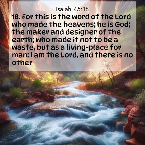 BasicEnglish Isaiah  ; image nature: image with the bible verse :For this is the word of the Lord who made the heavens; he is God; the maker and designer of the earth; who made it not to be a waste, but as a living-place for man: I am the Lord, and there is no other. ; Admire our gallery of Bible verse images showcasing divine beauty in nature—whether snowy peaks or serene oceans. Each image is freely downloadable and perfect for personal or spiritual use. Share verses like KJV Isaiah 45:18. Current verse is overlayed with the thematic nature scene : Spring floods transform a desert canyon into a rushing river. ; 45:18