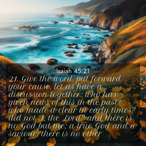 BasicEnglish Isaiah  ; image nature: image with the bible verse :Give the word, put forward your cause, let us have a discussion together: who has given news of this in the past? who made it clear in early times? did not I, the Lord? and there is no God but me; a true God and a saviour; there is no other. ; Discover a rich selection of Bible verse images illustrated by natural landscapes like tranquil beaches, golden fields, and majestic trees. These images aim to capture the peace and beauty of God&#039;s creation, with vibrant colors and varied typography. Download and share inspiring verses like KJV Isaiah 45:21. Current verse is overlayed with the thematic nature scene : Wild mustard flowers carpet coastal cliffs. Pacific waves provide endless percussion below. ; 45:21