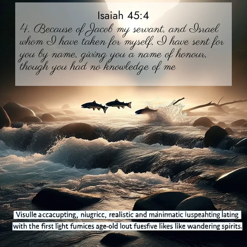 BasicEnglish Isaiah  ; image nature: image with the bible verse :Because of Jacob my servant, and Israel whom I have taken for myself, I have sent for you by name, giving you a name of honour, though you had no knowledge of me. ; Browse beautiful Bible verse images accompanied by peaceful scenes like calm seas, ancient forests, and radiant horizons. Download high-quality, free images featuring verses such as KJV Isaiah 45:4. Current verse is overlayed with the thematic nature scene : Wild salmon leap ancient rapids. Mist rises like spirits at dawn. ; 45:4