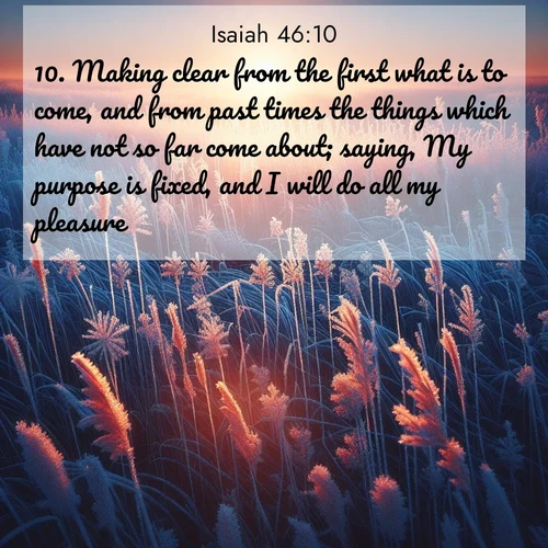 BasicEnglish Isaiah  ; image nature: image with the bible verse :Making clear from the first what is to come, and from past times the things which have not so far come about; saying, My purpose is fixed, and I will do all my pleasure; ; Admire Bible verse images illustrated by desert scenes, such as sunsets over dunes, majestic rocks, and solitary cacti. These images capture the majesty of God in arid places. Download and share verses like KJV Isaiah 46:10. Current verse is overlayed with the thematic nature scene : Winter sunrise illuminates frost-covered prairie grass. ; 46:10