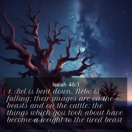 BasicEnglish Isaiah  ; image nature: image with the bible verse :Bel is bent down, Nebo is falling; their images are on the beasts and on the cattle: the things which you took about have become a weight to the tired beast. ; Admire our free collection of Bible verse images with beautiful landscapes like sunlit forests, rippling waters, and radiant dawns. Each verse, such as KJV Isaiah 46:1, is ready to download and share. Current verse is overlayed with the thematic nature scene : Ancient bristlecone pines twist toward stars. Time stands still in their presence. ; 46:1
