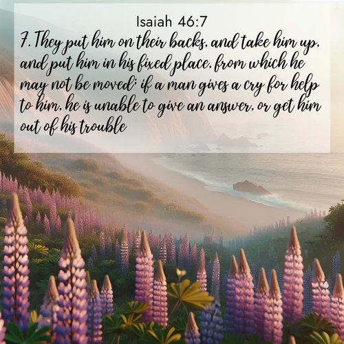 BasicEnglish Isaiah  ; image nature: image with the bible verse :They put him on their backs, and take him up, and put him in his fixed place, from which he may not be moved; if a man gives a cry for help to him, he is unable to give an answer, or get him out of his trouble. ; Browse Bible images illustrated by desert landscapes, with endless skies, golden dunes, and isolated palm trees. These images evoke the calm and grandeur of God&#039;s creation. Download inspiring verses like KJV Isaiah 46:7. Current verse is overlayed with the thematic nature scene : Wild lupines carpet coastal bluffs. Pacific fog rolls in like smoke. ; 46:7