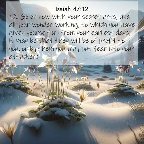 BasicEnglish Isaiah  ; image nature: image with the bible verse :Go on now with your secret arts, and all your wonder-working, to which you have given yourself up from your earliest days; it may be that they will be of profit to you, or by them you may put fear into your attackers. ; Discover our unique collection of Bible verse images integrated with photos showcasing the majesty of nature, such as rocky mountains, ancient trees, and crystal-clear lakes. These images feature luminous colors and text in varied fonts, reflecting the harmony of God&#039;s creation. Download verses like KJV Isaiah 47:12. Current verse is overlayed with the thematic nature scene : Wild columbines nod in alpine breeze. Glacier lilies dot snowy meadows. ; 47:12
