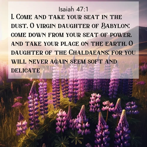 BasicEnglish Isaiah  ; image nature: image with the bible verse :Come and take your seat in the dust, O virgin daughter of Babylon; come down from your seat of power, and take your place on the earth, O daughter of the Chaldaeans: for you will never again seem soft and delicate. ; Download stunning Bible verse images paired with nature scenes like rolling clouds, sparkling waters, and vibrant flower fields. These free images are perfect for spiritual reflection or wallpaper use. Share KJV Isaiah 47:1. Current verse is overlayed with the thematic nature scene : Wild lupines paint purple meadows. Snow lingers on distant peaks. ; 47:1