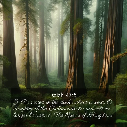 BasicEnglish Isaiah  ; image nature: image with the bible verse :Be seated in the dark without a word, O daughter of the Chaldaeans: for you will no longer be named, The Queen of Kingdoms. ; Explore winter-themed Bible verse images illustrated by snowy mountains, frost-covered branches, and clear skies. These landscapes reflect divine purity and peace. Download verses like KJV Isaiah 47:5. Current verse is overlayed with the thematic nature scene : Coastal redwoods disappear into the fog high above a fern grove. ; 47:5