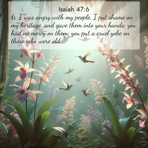 BasicEnglish Isaiah  ; image nature: image with the bible verse :I was angry with my people, I put shame on my heritage, and gave them into your hands: you had no mercy on them; you put a cruel yoke on those who were old; ; Browse a gallery of Bible verses paired with summer scenes, such as golden wheat fields, bright skies, and sunny beaches. These images convey the joy and warmth of God&#039;s creation. Download and share verses like KJV Isaiah 47:6. Current verse is overlayed with the thematic nature scene : Wild orchids bloom in rainforest canopy. Hummingbirds dance between delicate petals. ; 47:6