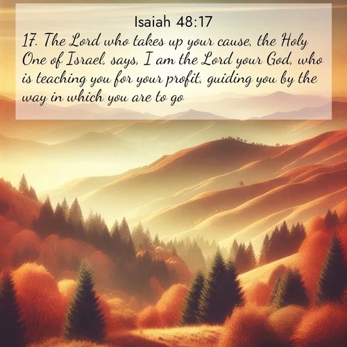BasicEnglish Isaiah  ; image nature: image with the bible verse :The Lord who takes up your cause, the Holy One of Israel, says, I am the Lord your God, who is teaching you for your profit, guiding you by the way in which you are to go. ; Explore free Bible verse images with stunning nature themes, including sunlit paths, forest clearings, and endless horizons. Perfect for desktop backgrounds or phone wallpapers. Verses include KJV Isaiah 48:17. Current verse is overlayed with the thematic nature scene : Autumn colors paint hillsides in warm earth tones. ; 48:17