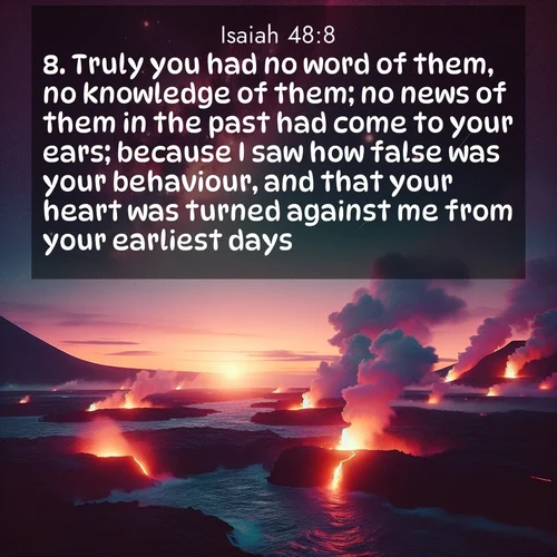 BasicEnglish Isaiah  ; image nature: image with the bible verse :Truly you had no word of them, no knowledge of them; no news of them in the past had come to your ears; because I saw how false was your behaviour, and that your heart was turned against me from your earliest days. ; Explore our vast collection of images featuring beautifully illustrated Bible verses accompanied by nature photos. Discover inspiring and motivating verses paired with soothing landscapes, like shimmering lakes, majestic mountains, and lush forests. Our images highlight the peaceful beauty of God&#039;s creation with vibrant colors and varied fonts. Download and share verse images like KJV Isaiah 48:8. Current verse is overlayed with the thematic nature scene : Lava flows meet the ocean at twilight, sending plumes of steam skyward. Stars emerge one by one above the cosmic display. ; 48:8