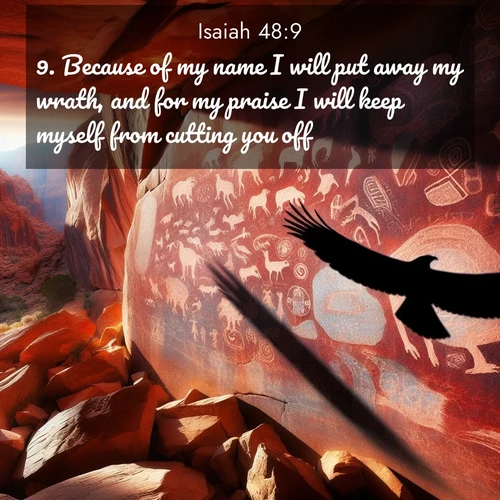 BasicEnglish Isaiah  ; image nature: image with the bible verse :Because of my name I will put away my wrath, and for my praise I will keep myself from cutting you off. ; Discover our curated gallery of Bible verse images with breathtaking scenery, from tranquil deserts to lush green pastures. Perfect for phone wallpapers or sharing online. Download verses like KJV Isaiah 48:9. Current verse is overlayed with the thematic nature scene : Ancient petroglyphs weather on red canyon walls. A circling hawk&#039;s shadow passes over the timeless art. ; 48:9