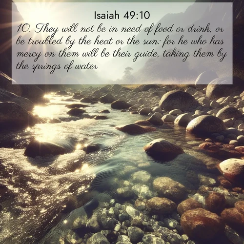 BasicEnglish Isaiah  ; image nature: image with the bible verse :They will not be in need of food or drink, or be troubled by the heat or the sun: for he who has mercy on them will be their guide, taking them by the springs of water. ; Admire Bible verse images capturing the beauty of beaches, with turquoise waters, palm trees, and peaceful shores. These soothing scenes reflect God&#039;s serenity and majesty. Download and share verses like KJV Isaiah 49:10. Current verse is overlayed with the thematic nature scene : Mountain streams sing ancient songs. Sunlight dances through clear pools. ; 49:10