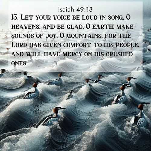 BasicEnglish Isaiah  ; image nature: image with the bible verse :Let your voice be loud in song, O heavens; and be glad, O earth; make sounds of joy, O mountains, for the Lord has given comfort to his people, and will have mercy on his crushed ones. ; Admire Bible images representing autumn, with swirling leaves, misty skies, and vibrant trees. These images inspire profound spiritual reflection. Download and share verses like KJV Isaiah 49:13. Current verse is overlayed with the thematic nature scene : Wild mergansers ride river rapids. Their wakes create endless patterns. ; 49:13