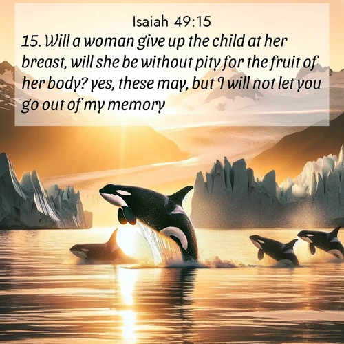 BasicEnglish Isaiah  ; image nature: image with the bible verse :Will a woman give up the child at her breast, will she be without pity for the fruit of her body? yes, these may, but I will not let you go out of my memory. ; Browse a gallery of Bible verses paired with summer scenes, such as golden wheat fields, bright skies, and sunny beaches. These images convey the joy and warmth of God&#039;s creation. Download and share verses like KJV Isaiah 49:15. Current verse is overlayed with the thematic nature scene : Wild orcas breach in sunset-painted waters. Their splashes echo off glacier walls. ; 49:15