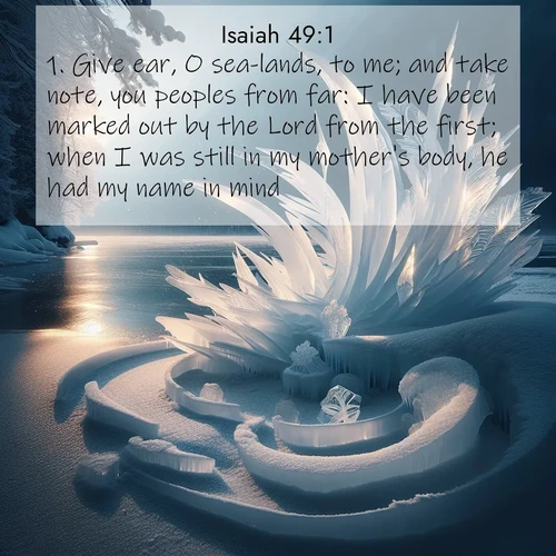 BasicEnglish Isaiah  ; image nature: image with the bible verse :Give ear, O sea-lands, to me; and take note, you peoples from far: I have been marked out by the Lord from the first; when I was still in my mother&#039;s body, he had my name in mind: ; Explore beautiful Bible verse images paired with serene natural settings, such as calm seas, snowy paths, and verdant hills. Each image is free to download for your spiritual inspiration. Share KJV Isaiah 49:1. Current verse is overlayed with the thematic nature scene : Winter ice forms abstract sculptures along a lake shore. ; 49:1
