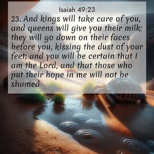 BasicEnglish Isaiah  ; image nature: image with the bible verse :And kings will take care of you, and queens will give you their milk: they will go down on their faces before you, kissing the dust of your feet; and you will be certain that I am the Lord, and that those who put their hope in me will not be shamed. ; Download Bible verse images paired with breathtaking nature photos like golden deserts, shimmering seas, and blossoming orchards. These high-quality, free images are perfect for wallpapers or sharing. Verses include KJV Isaiah 49:23. Current verse is overlayed with the thematic nature scene : Desert tortoises emerge after summer rains. Thunder echoes through hidden canyons. ; 49:23
