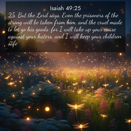 BasicEnglish Isaiah  ; image nature: image with the bible verse :But the Lord says, Even the prisoners of the strong will be taken from him, and the cruel made to let go his goods: for I will take up your cause against your haters, and I will keep your children safe. ; Admire our gallery of Bible verse images showcasing divine beauty in nature—whether snowy peaks or serene oceans. Each image is freely downloadable and perfect for personal or spiritual use. Share verses like KJV Isaiah 49:25. Current verse is overlayed with the thematic nature scene : Fireflies dance above a spring meadow filled with singing crickets. ; 49:25