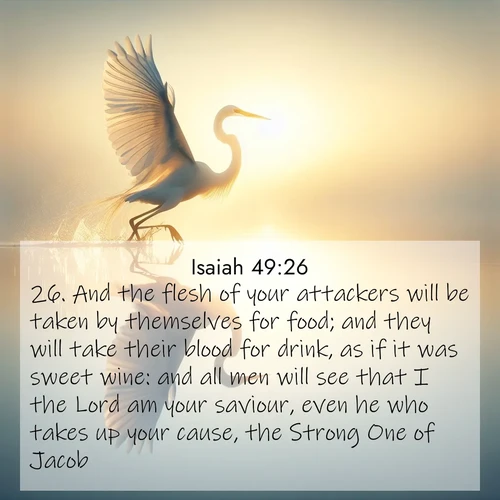 BasicEnglish Isaiah  ; image nature: image with the bible verse :And the flesh of your attackers will be taken by themselves for food; and they will take their blood for drink, as if it was sweet wine: and all men will see that I the Lord am your saviour, even he who takes up your cause, the Strong One of Jacob. ; Explore an exceptional collection of Bible verse images accompanied by photos of nature, showcasing snowy mountains, serene forests, and still lakes. These images feature luminous tones and varied fonts to bring serenity and inspiration. Share uplifting verses like KJV Isaiah 49:26. Current verse is overlayed with the thematic nature scene : A great egret lifts from mirror-still water. Sunrise sets its wings ablaze. ; 49:26