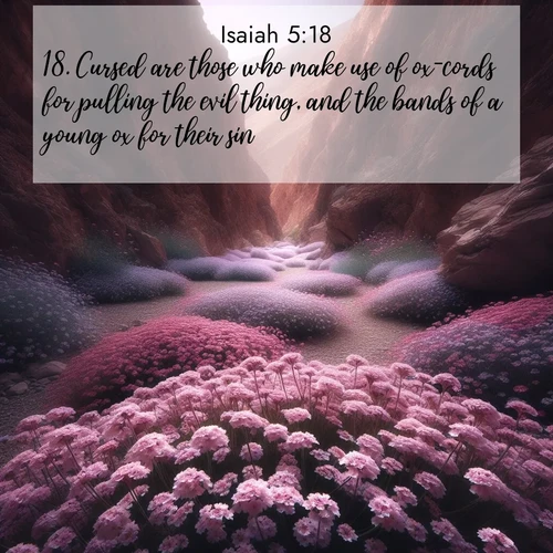 BasicEnglish Isaiah  ; image nature: image with the bible verse :Cursed are those who make use of ox-cords for pulling the evil thing, and the bands of a young ox for their sin! ; Discover Bible verse images capturing the warmth of summer, with beach landscapes, sunlit fields, and clear skies. These bright scenes reflect divine joy. Share verses like KJV Isaiah 5:18. Current verse is overlayed with the thematic nature scene : Desert verbena carpets hidden canyons. Flash flood waters carved these gardens. ; 5:18