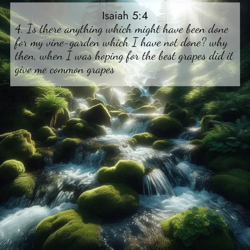 BasicEnglish Isaiah  ; image nature: image with the bible verse :Is there anything which might have been done for my vine-garden which I have not done? why then, when I was hoping for the best grapes did it give me common grapes? ; Admire Bible images representing autumn, with swirling leaves, misty skies, and vibrant trees. These images inspire profound spiritual reflection. Download and share verses like KJV Isaiah 5:4. Current verse is overlayed with the thematic nature scene : Mountain streams tumble through moss. Sunlight creates crystal prisms. ; 5:4