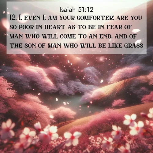 BasicEnglish Isaiah  ; image nature: image with the bible verse :I, even I, am your comforter: are you so poor in heart as to be in fear of man who will come to an end, and of the son of man who will be like grass? ; Explore Bible verses combined with serene beach photos, desert dunes, and infinite skies, highlighting God&#039;s majesty in every landscape. Download and share inspiring verses like KJV Isaiah 51:12. Current verse is overlayed with the thematic nature scene : Cherry blossoms blanket the hillside in soft pink snow, swirling through the air like nature&#039;s confetti. ; 51:12