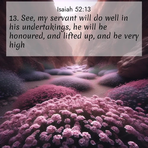 BasicEnglish Isaiah  ; image nature: image with the bible verse :See, my servant will do well in his undertakings, he will be honoured, and lifted up, and be very high. ; Browse our collection of vibrant Bible verse images set against calming backdrops like tropical shores, quiet woods, and majestic mountains. Download free wallpapers featuring KJV Isaiah 52:13. Current verse is overlayed with the thematic nature scene : Desert verbena carpets hidden canyons. Flash flood waters carved these gardens. ; 52:13