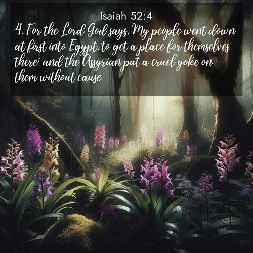 BasicEnglish Isaiah  ; image nature: image with the bible verse :For the Lord God says, My people went down at first into Egypt, to get a place for themselves there: and the Assyrian put a cruel yoke on them without cause. ; Explore a winter collection of Bible verse images adorned with photos of icy landscapes, frozen waterfalls, and snow-covered forests. These scenes capture divine tranquility and purity. Download inspiring verses like KJV Isaiah 52:4. Current verse is overlayed with the thematic nature scene : Wild orchids bloom in forest shade. Filtered light reveals their grace. ; 52:4