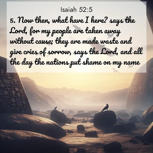 BasicEnglish Isaiah  ; image nature: image with the bible verse :Now then, what have I here? says the Lord, for my people are taken away without cause; they are made waste and give cries of sorrow, says the Lord, and all the day the nations put shame on my name. ; Dive into a gallery of Bible verses illustrated by tropical beach scenes, featuring sparkling waves, seashells, and radiant sunrises. These images evoke divine peace and joy. Download and share inspiring verses like KJV Isaiah 52:5. Current verse is overlayed with the thematic nature scene : Desert petroglyphs tell ancient stories. Ravens soar past wearing shadows for wings. ; 52:5