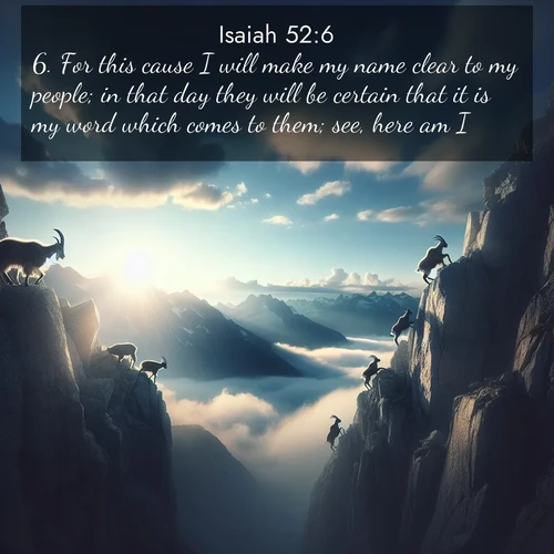 BBE Isaiah 52:6 overlaying nature image scene: Mountain goats traverse sheer faces. Clouds part to reveal their path.;6. For this cause I will make my name clear to my people; in that day they will be certain that it is my word which comes to them; see, here am I.
