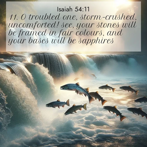 BBE Isaiah 54:11 overlaying nature image scene: Wild salmon leap ancient waterfalls. Mist rises like spirits in morning light.;11. O troubled one, storm-crushed, uncomforted! see, your stones will be framed in fair colours, and your bases will be sapphires.