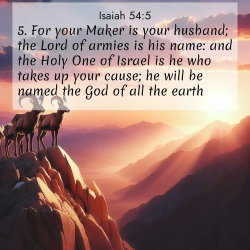 BBE Isaiah 54:5 overlaying nature image scene: Desert bighorns pause on a knife-edge ridge. Sunset paints their horns in gold.;5. For your Maker is your husband; the Lord of armies is his name: and the Holy One of Israel is he who takes up your cause; he will be named the God of all the earth.