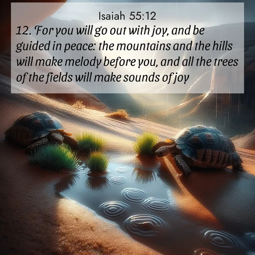BasicEnglish Isaiah  ; image nature: image with the bible verse :For you will go out with joy, and be guided in peace: the mountains and the hills will make melody before you, and all the trees of the fields will make sounds of joy. ; Explore serene Bible verse images adorned with photos of divine creation—tranquil beaches, snowy mountains, and starry skies. Each image is free to download and share. Verses include KJV Isaiah 55:12. Current verse is overlayed with the thematic nature scene : Desert tortoises emerge after summer rains. Thunder echoes through hidden canyons. ; 55:12