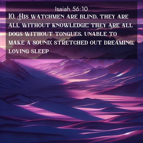 BasicEnglish Isaiah  ; image nature: image with the bible verse :His watchmen are blind, they are all without knowledge; they are all dogs without tongues, unable to make a sound; stretched out dreaming, loving sleep. ; Explore beautiful Bible verse images paired with serene natural settings, such as calm seas, snowy paths, and verdant hills. Each image is free to download for your spiritual inspiration. Share KJV Isaiah 56:10. Current verse is overlayed with the thematic nature scene : Morning light ignites mountain snow. Valleys sleep in purple shadow. ; 56:10