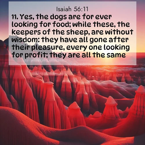 BasicEnglish Isaiah  ; image nature: image with the bible verse :Yes, the dogs are for ever looking for food; while these, the keepers of the sheep, are without wisdom: they have all gone after their pleasure, every one looking for profit; they are all the same. ; Explore free Bible verse images with stunning nature themes, including sunlit paths, forest clearings, and endless horizons. Perfect for desktop backgrounds or phone wallpapers. Verses include KJV Isaiah 56:11. Current verse is overlayed with the thematic nature scene : Wind-carved hoodoos stand like sentinels in the painted desert. Their red-rock spires catch the last rays of sunset. ; 56:11