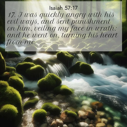 BBE Isaiah 57:17 overlaying nature image scene: A mountain stream tumbles through moss-covered stones. Sunlight dapples the crystal-clear water.;17. I was quickly angry with his evil ways, and sent punishment on him, veiling my face in wrath: and he went on, turning his heart from me.