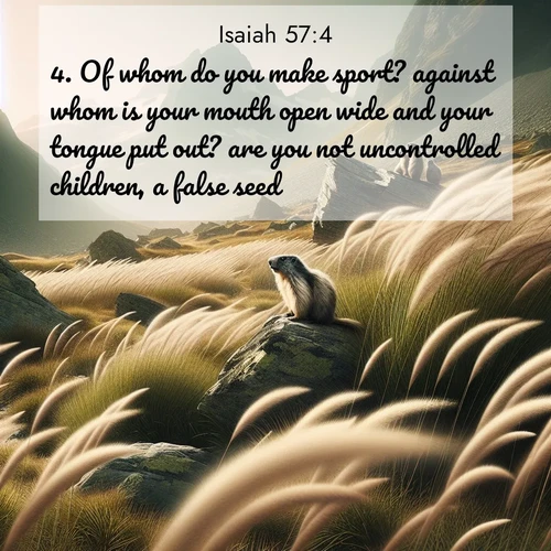 BasicEnglish Isaiah  ; image nature: image with the bible verse :Of whom do you make sport? against whom is your mouth open wide and your tongue put out? are you not uncontrolled children, a false seed, ; Admire Bible verse images capturing the beauty of beaches, with turquoise waters, palm trees, and peaceful shores. These soothing scenes reflect God&#039;s serenity and majesty. Download and share verses like KJV Isaiah 57:4. Current verse is overlayed with the thematic nature scene : Mountain meadow grasses bend in alpine wind. Marmots whistle warnings from rocky outcrops. ; 57:4