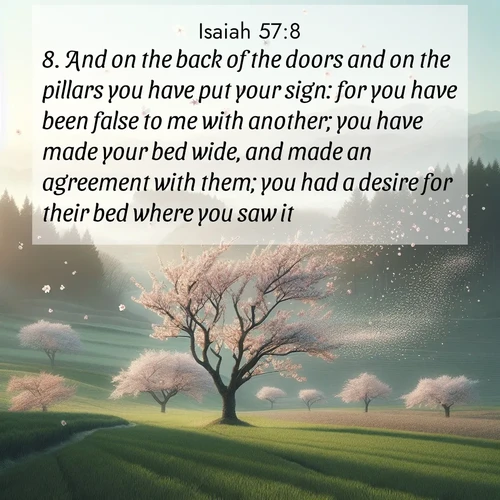 BBE Isaiah 57:8 overlaying nature image scene: Spring winds scatter cherry blossoms like snow.;8. And on the back of the doors and on the pillars you have put your sign: for you have been false to me with another; you have made your bed wide, and made an agreement with them; you had a desire for their bed where you saw it